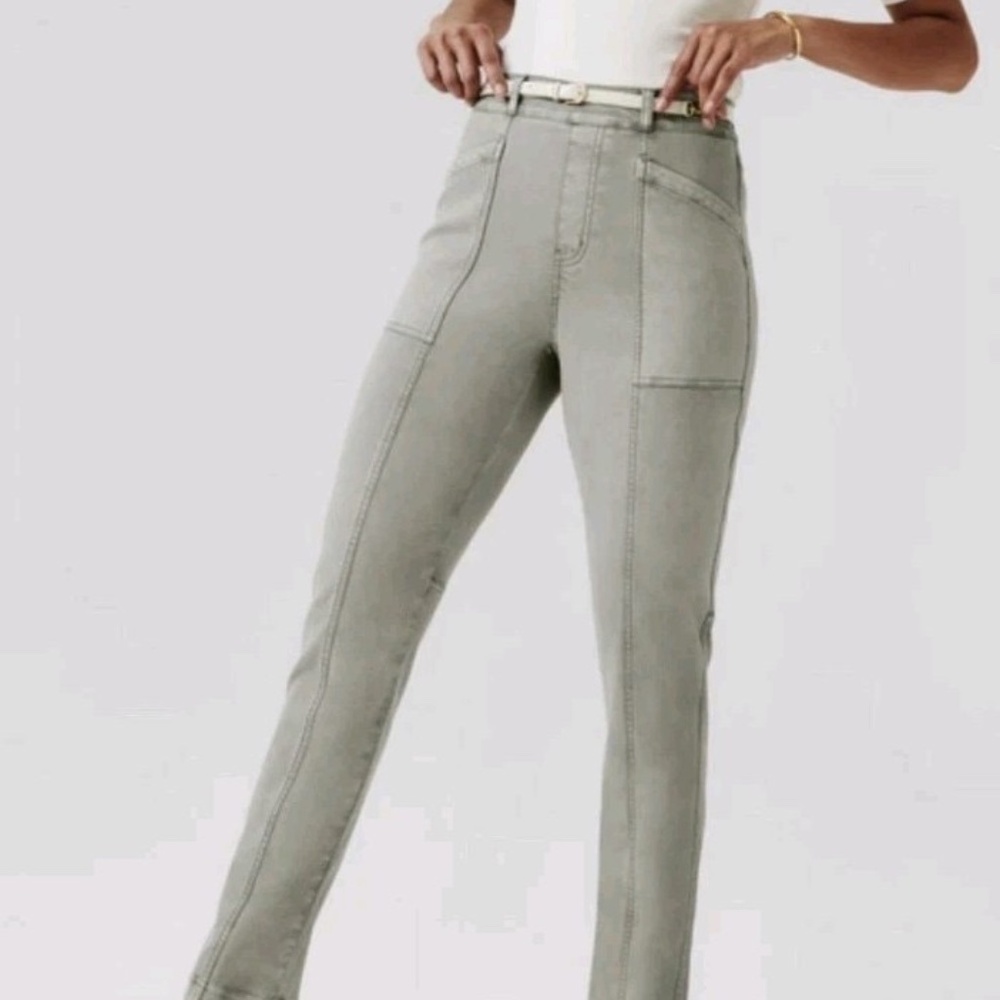 Spanx Stretch Twill Straight Leg Seamed Pants Olive Green Pull On Small EUC